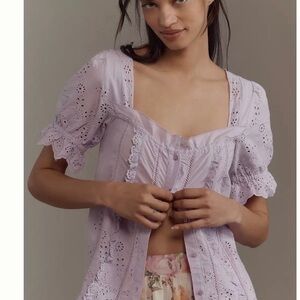 Anthropologie Lilac Eyelet Lace puff sleeves